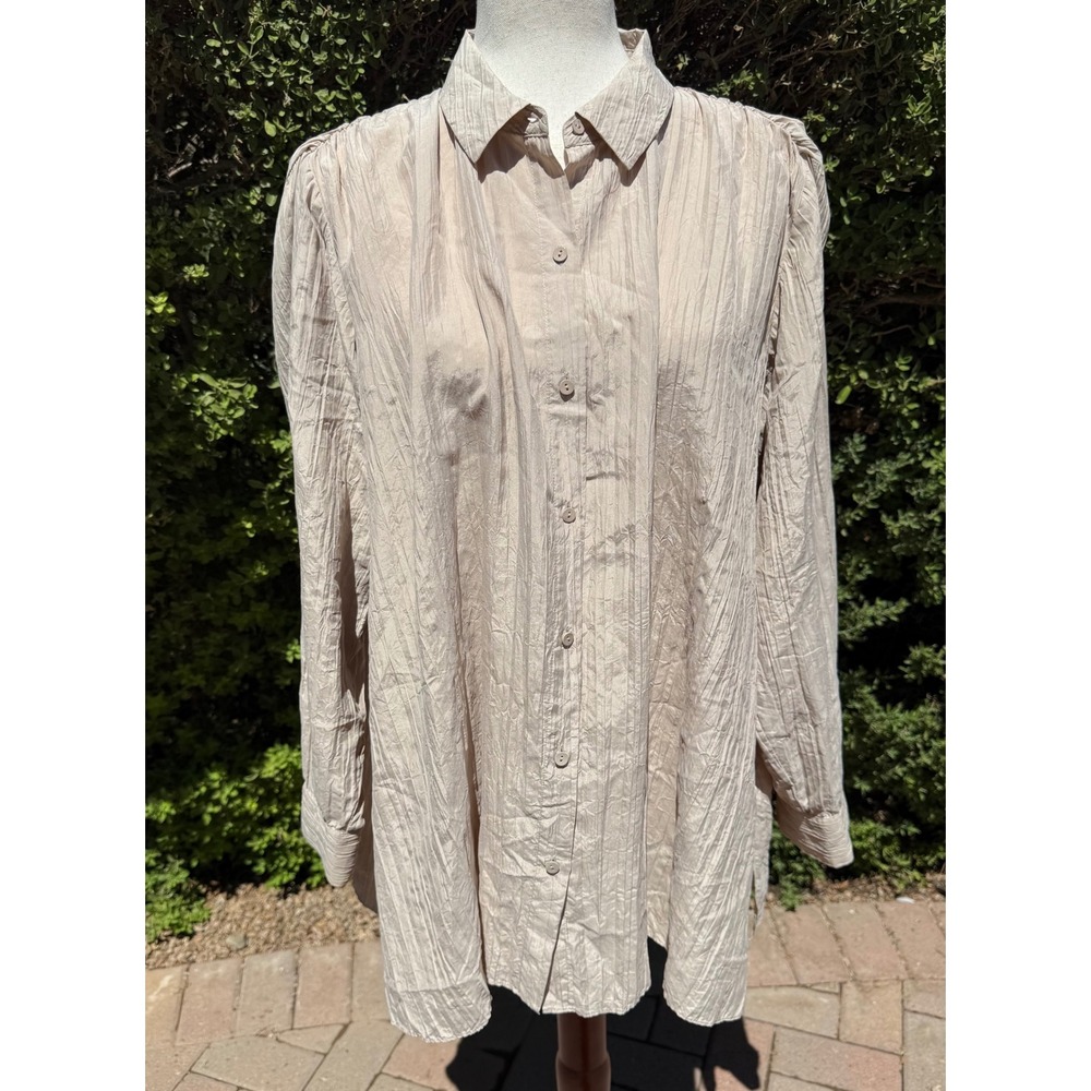 Eileen Fisher 100% Silk Womens Medium Crinkle Plisse Button Down Tunic Top Beige